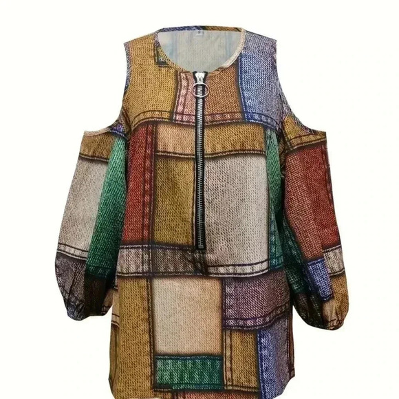 Patchwork Pattern Cold Shoulder Half Zip Blouse (Color: Multicolor) - Picture 2 of 4